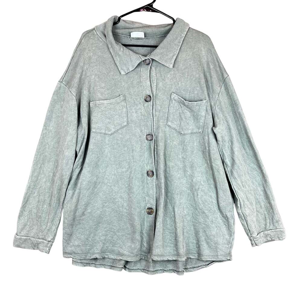 Fantastic Fawn Womens Shacket Green Utility Button Down Oversized Long Sleeve S